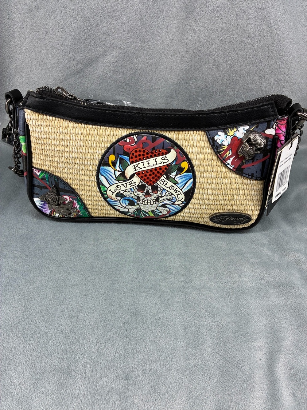 Ed Hardy Natural Straw Shoulder Bag with Black Trim and Multicolor Tattoo Art